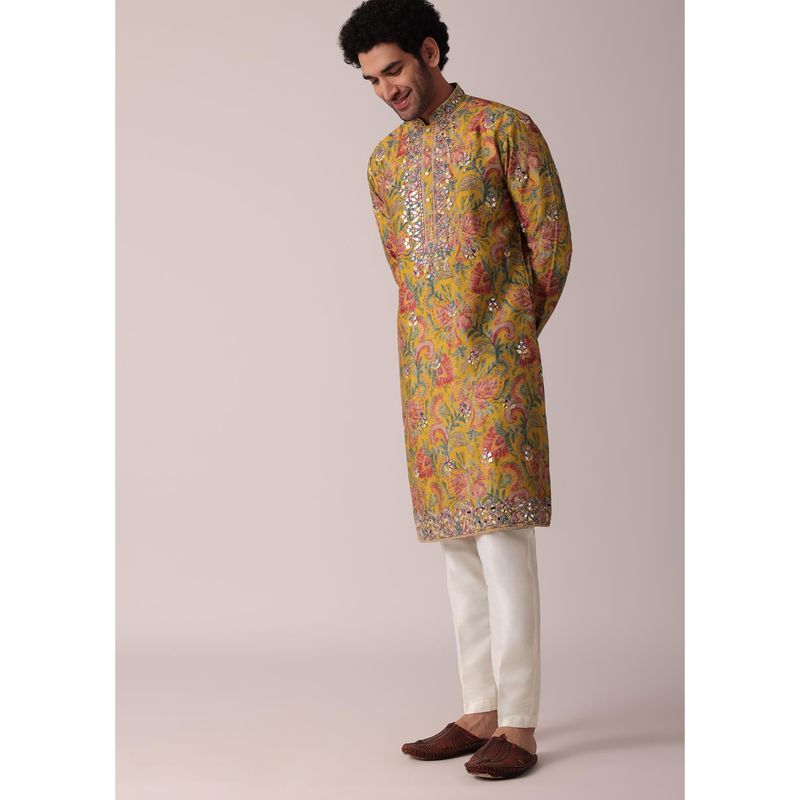 KALKI FASHION Yellow Floral Printed Silk Kurta (Set of 2) (L)