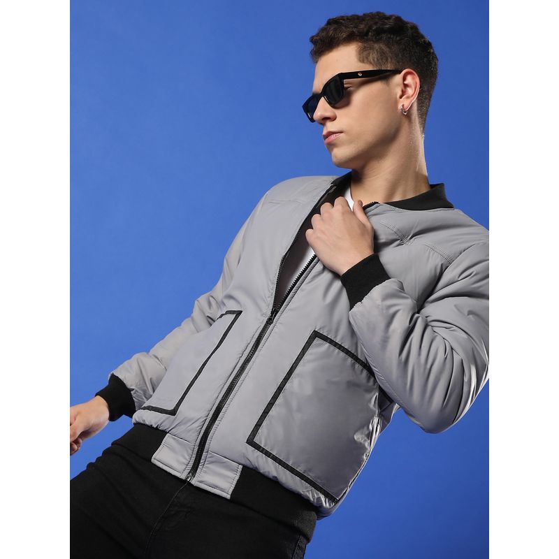 Campus Sutra Men Light Grey Zip Front Puffer Jacket with Contrast Detail (XL)