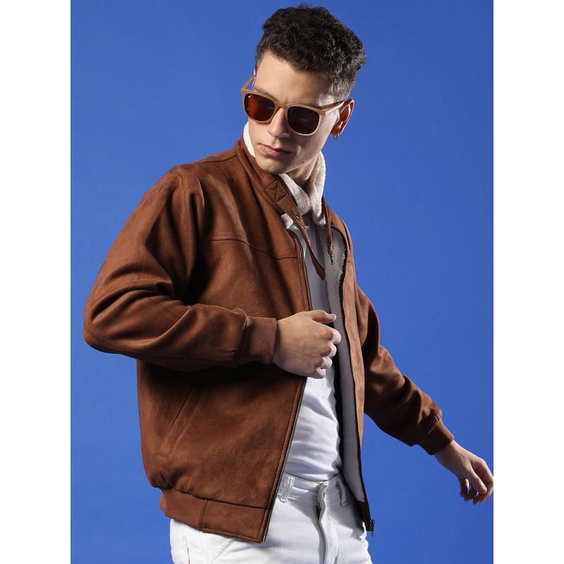 Campus Sutra Men Brown Zip Front Jacket with Fleece Detail (S)