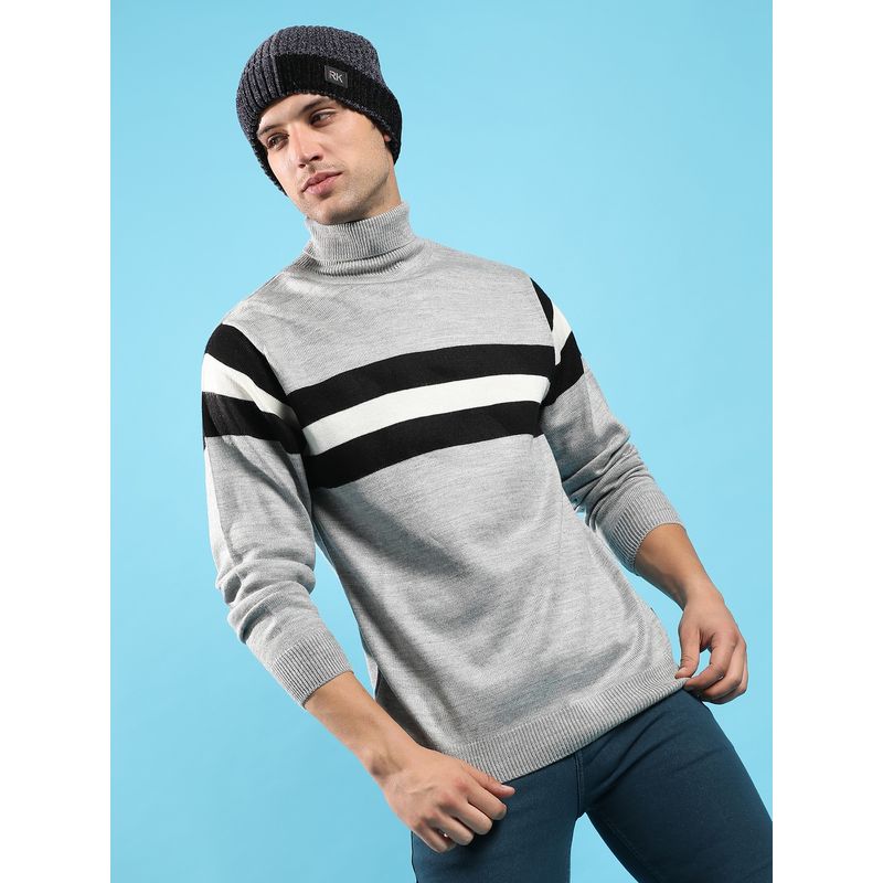 Campus Sutra Men Light Grey Relaxed Horizontal Striped Pullover Sweater (M)
