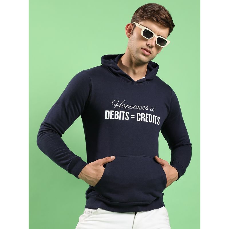 Campus Sutra Men Navy Blue Happiness Is Hooded Sweatshirt with Kangaroo Pocket (XL)