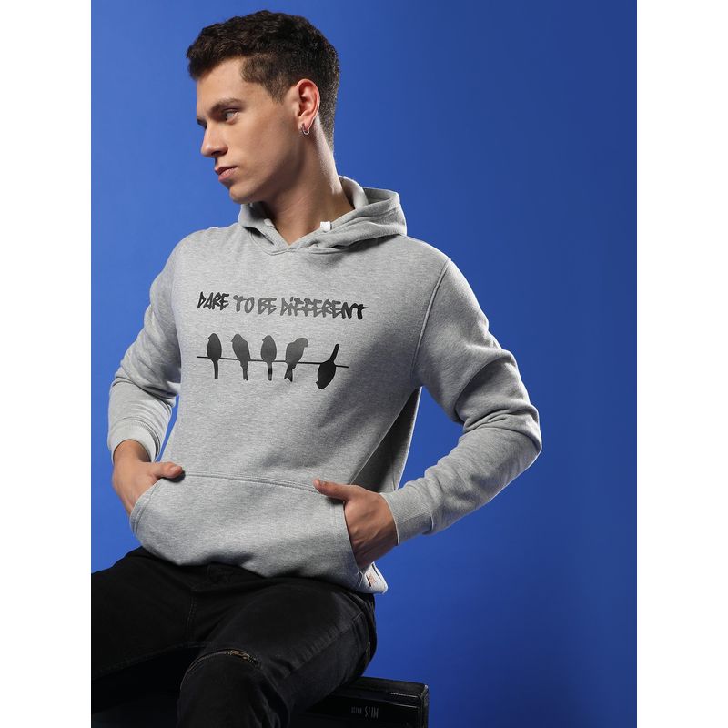 Campus Sutra Men Light Grey Dare To Be Different Hooded Sweatshirt with Kangaroo Pocket (M)