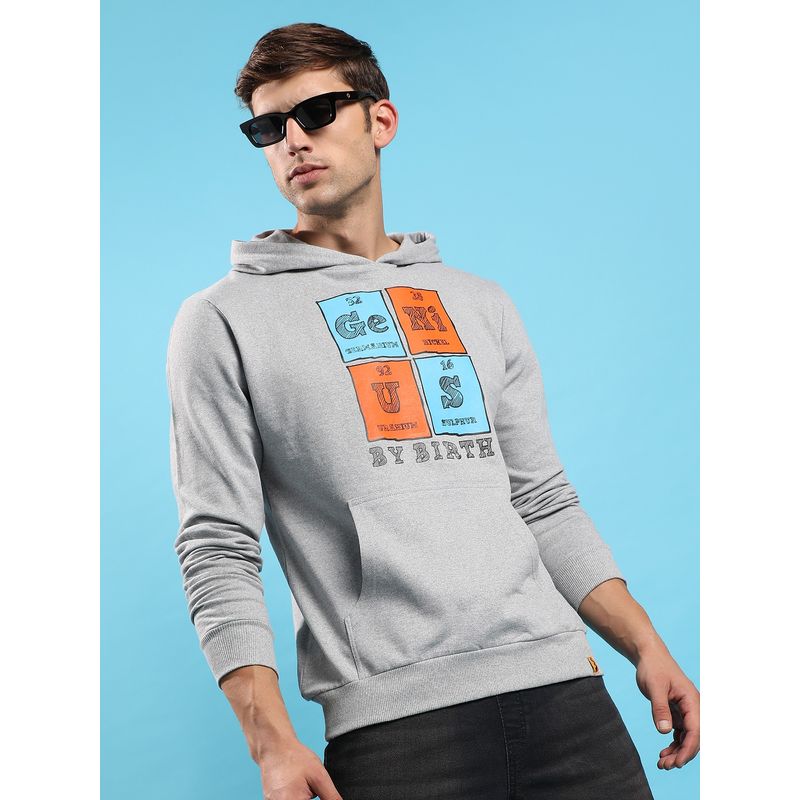 Campus Sutra Men Light Grey Genius Hooded Sweatshirt with Kangaroo Pocket (M)