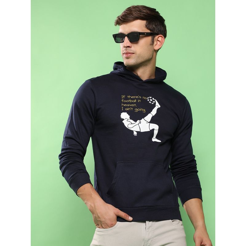 Campus Sutra Men Navy Blue Football Hooded Sweatshirt with Kangaroo Pocket (S)