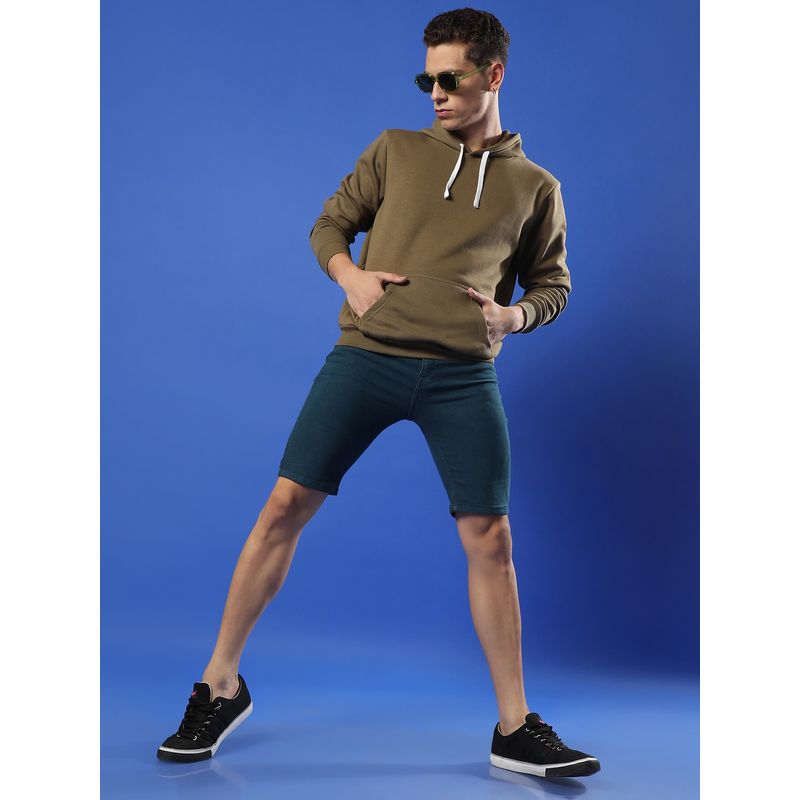 Campus Sutra Men Olive Green Pullover Hooded Sweatshirt with Contrast Drawstring (XL)