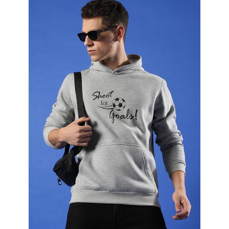 Campus Sutra Men Light Grey Shoot For Goals Hooded Sweatshirt with Kangaroo Pocket (M)