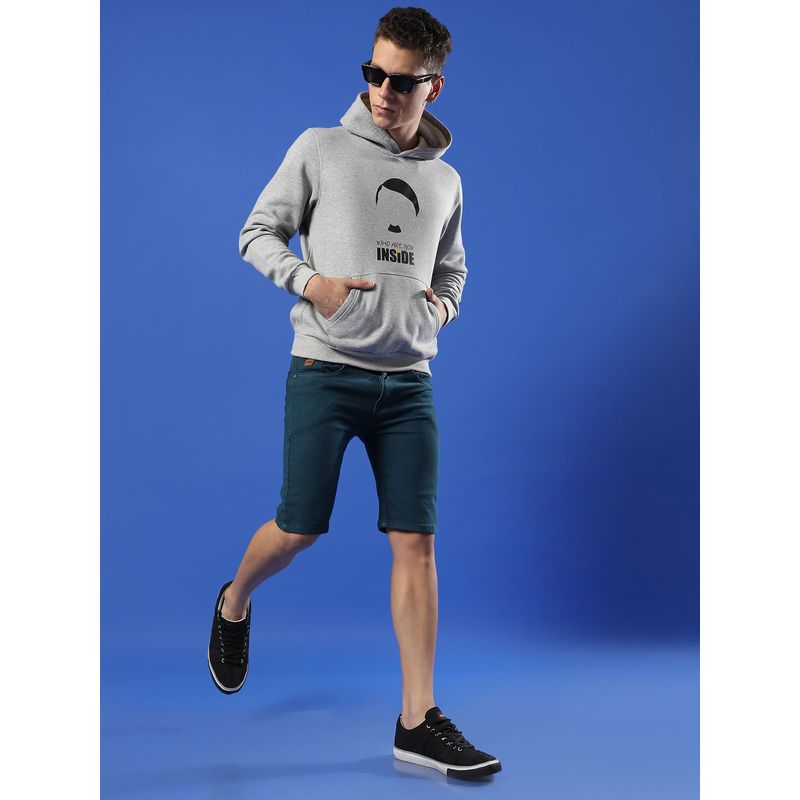 Campus Sutra Men Light Grey Who Are You Inside Hooded Sweatshirt with Kangaroo Pocket (M)