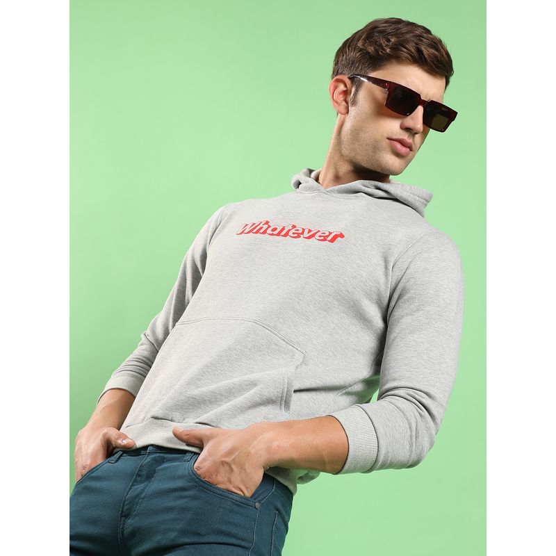 Campus Sutra Men Light Grey Whatever Hooded Sweatshirt with Kangaroo Pocket (M)