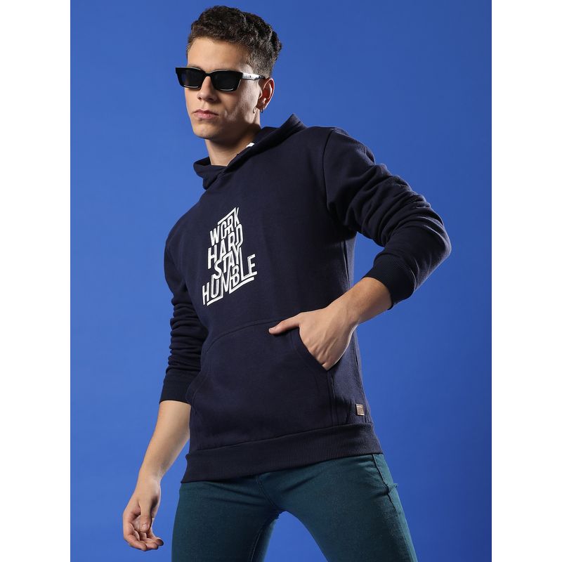 Campus Sutra Men Navy Blue Work Hard Stay Humble Hooded Sweatshirt (S)