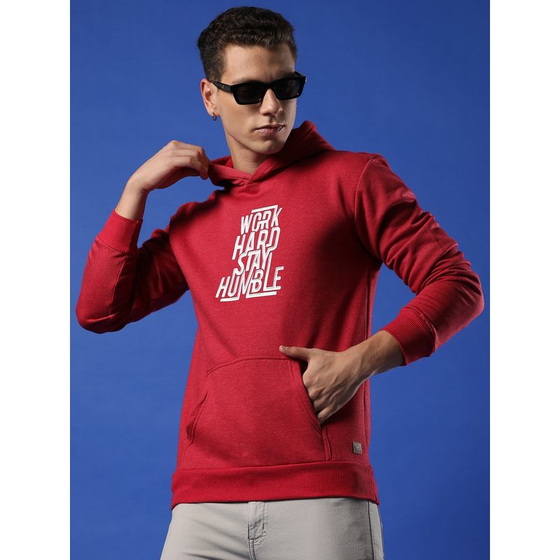 Campus Sutra Men Red Work Hard Stay Humble Hooded Sweatshirt (M)