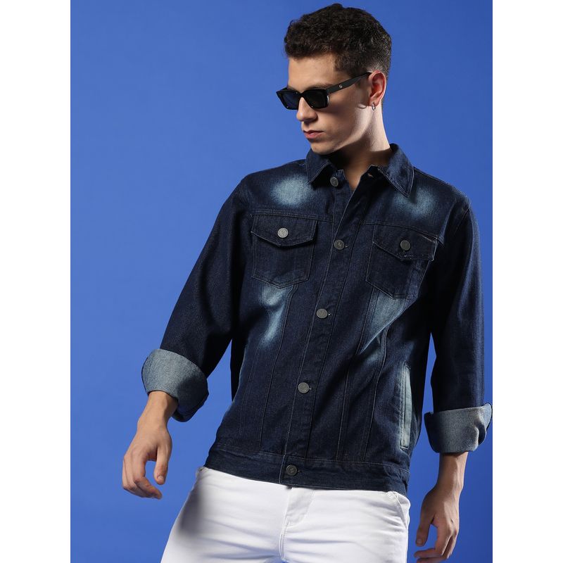Campus Sutra Men Navy Blue Dark Wash Denim Jacket with Button-Closure (L)