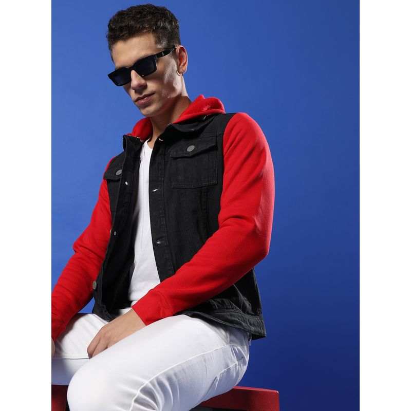 Campus Sutra Men Black Red Dark Wash Denim Jacket with Sweatshirt Sleeve