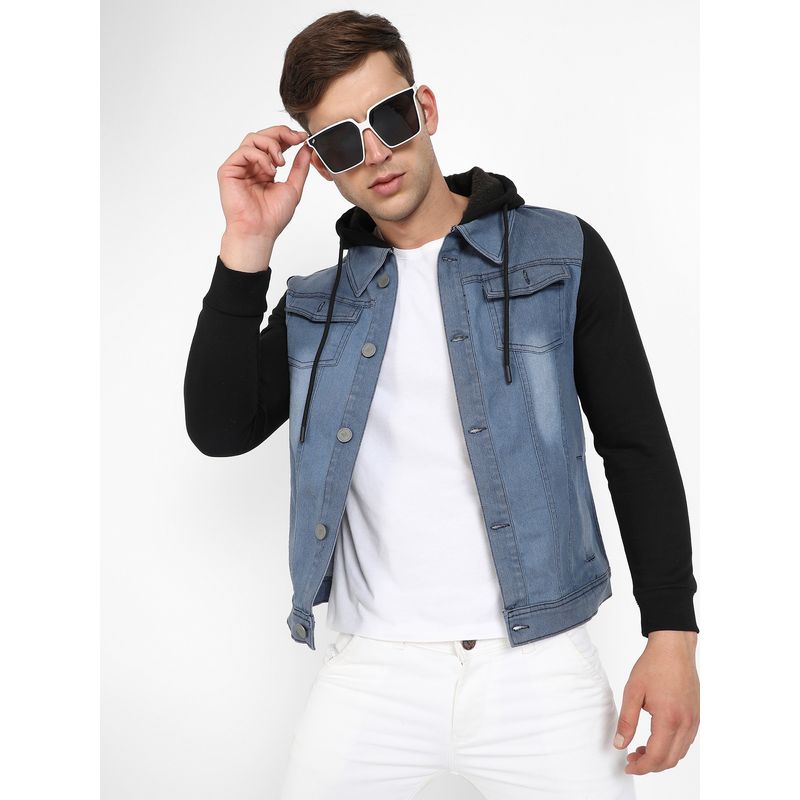 Campus Sutra Men Blue & Black Light-Wash Denim Jacket with Sweatshirt Sleeve (M)