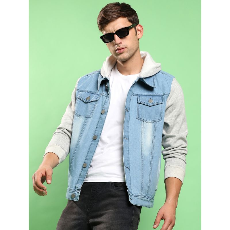 Campus Sutra Men Blue & Grey Light-Wash Denim Jacket with Sweatshirt Sleeve (M)