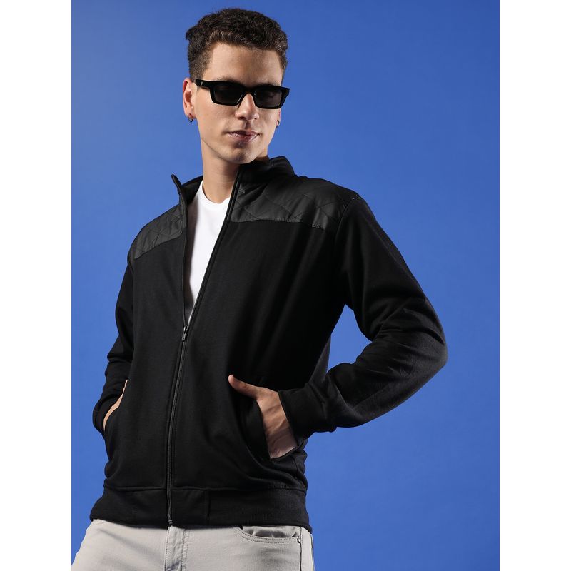 Campus Sutra Men Black Zip Front Jacket with Quilted Detail (S)