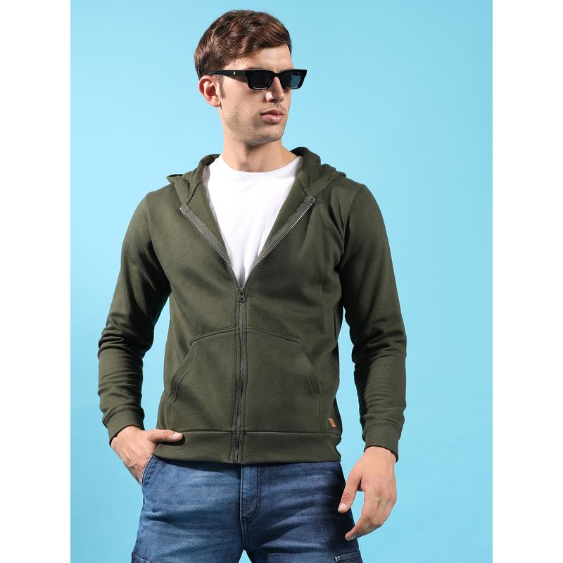 Campus Sutra Men Forest Green Zip Front Hooded Sweatshirt with Contrast Drawstring (XL)