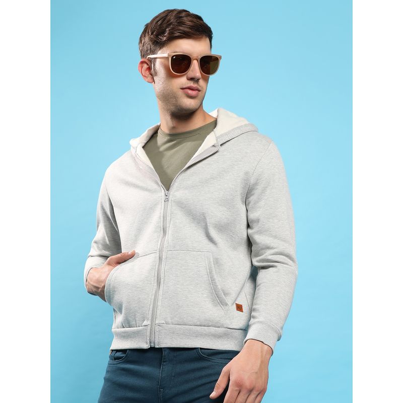 Campus Sutra Men Light Grey Zip Front Hooded Sweatshirt with Contrast Drawstring (L)