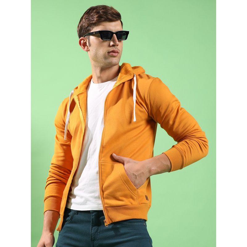 Campus Sutra Men Mustard Yellow Zip Front Hooded Sweatshirt with Contrast Drawstring (M)
