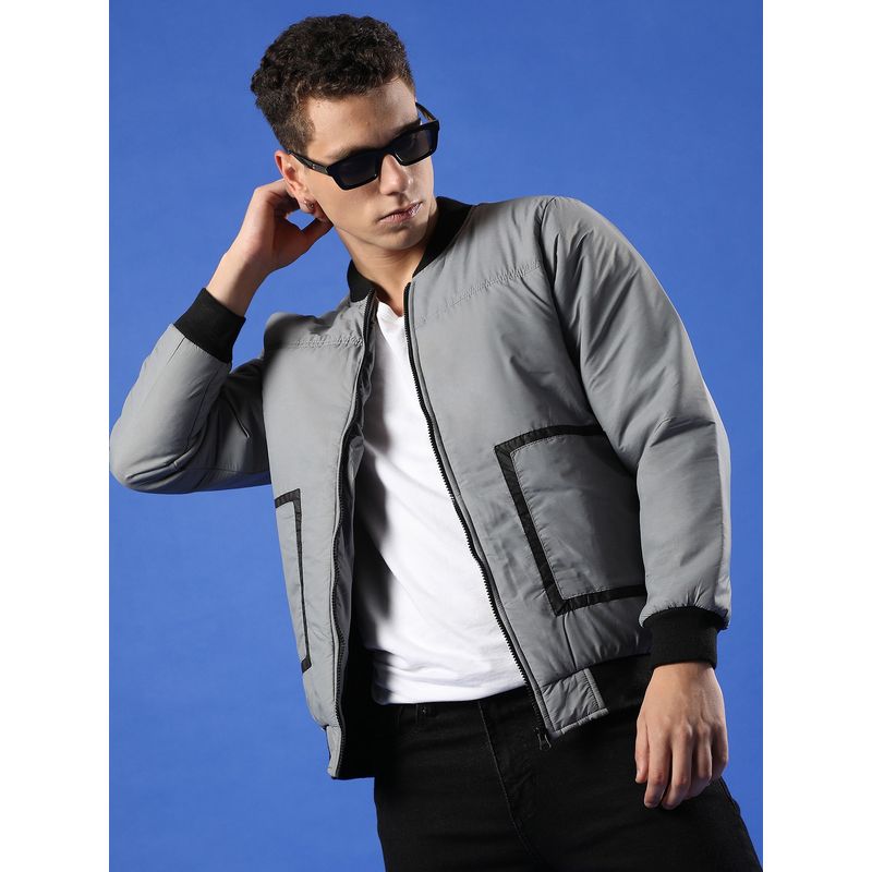 Campus Sutra Men Light Grey Zip Front Puffer Jacket with Contrast Detail (XL)