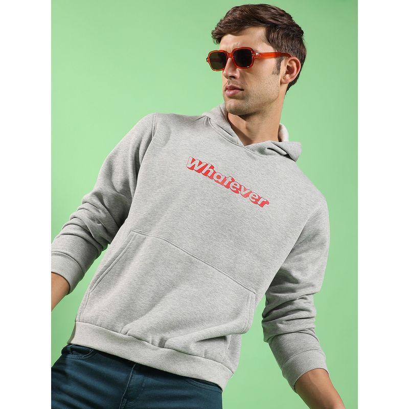 Campus Sutra Men Light Grey Whatever Hooded Sweatshirt with Kangaroo Pocket (M)