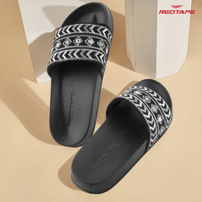 Red Tape Black Wovens Eva Comfort Sliders (3)