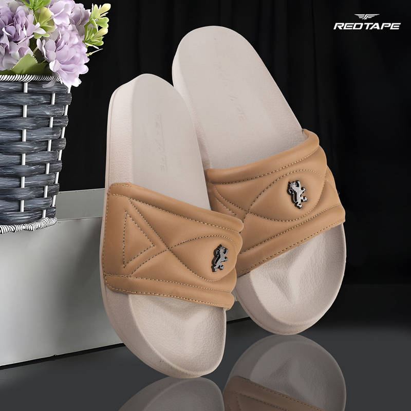Red Tape Beige Wovens Eva Comfort Sliders (4)