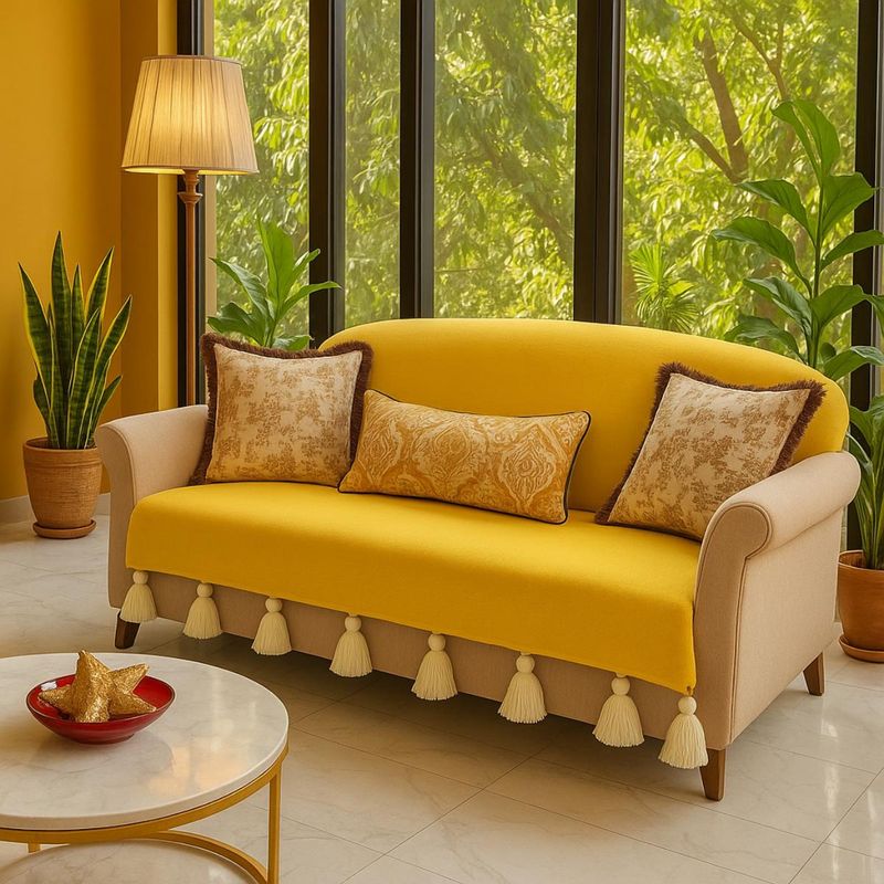 THROW PILLOW Yellow Sofa Cover With White Tassels (2 Seater)