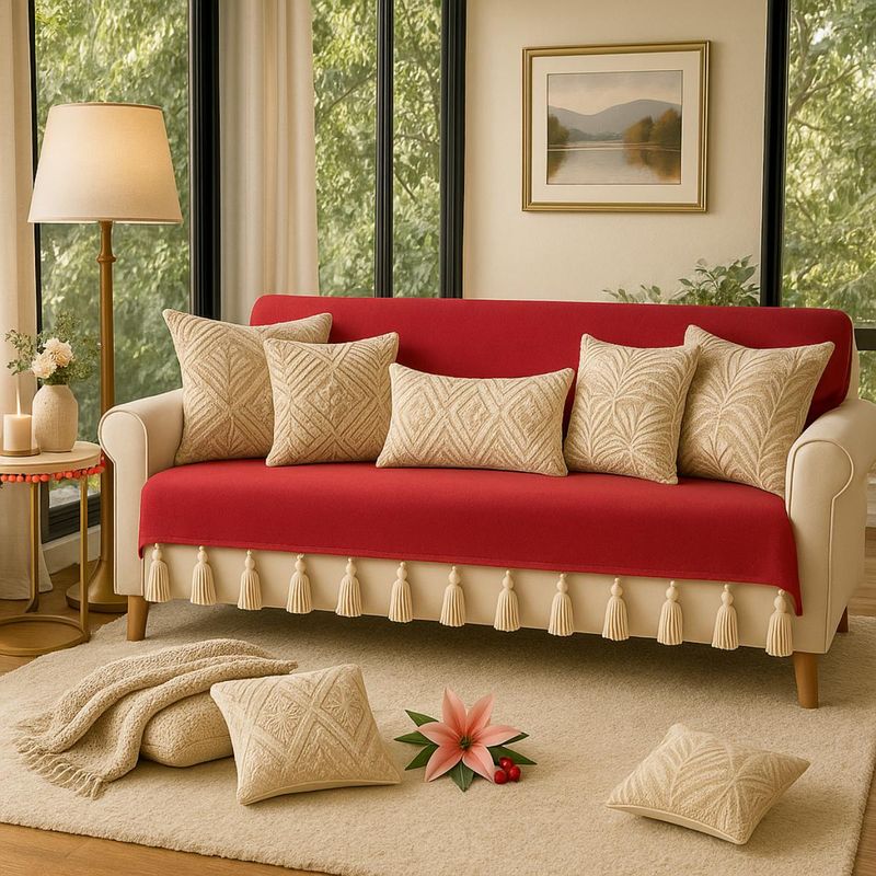 THROW PILLOW Red Sofa Cover With White Tassels (2 Seater)