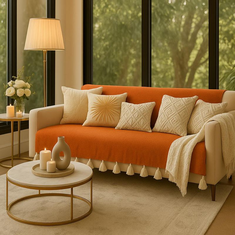 THROW PILLOW Orange Sofa Cover With White Tassels (2 Seater)