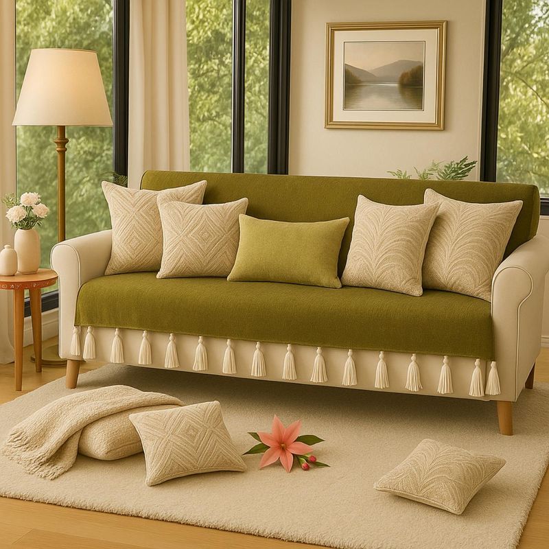 THROW PILLOW Olive Green Sofa Cover With White Tassels (2 Seater)