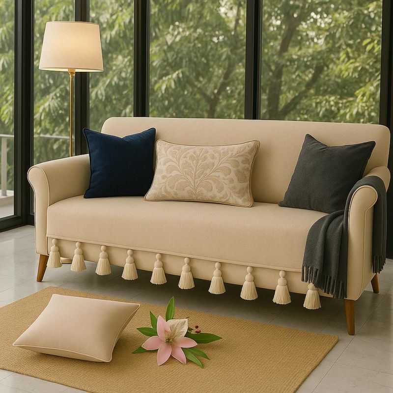 THROW PILLOW Neutral Sofa Cover With White Tassels (2 Seater)