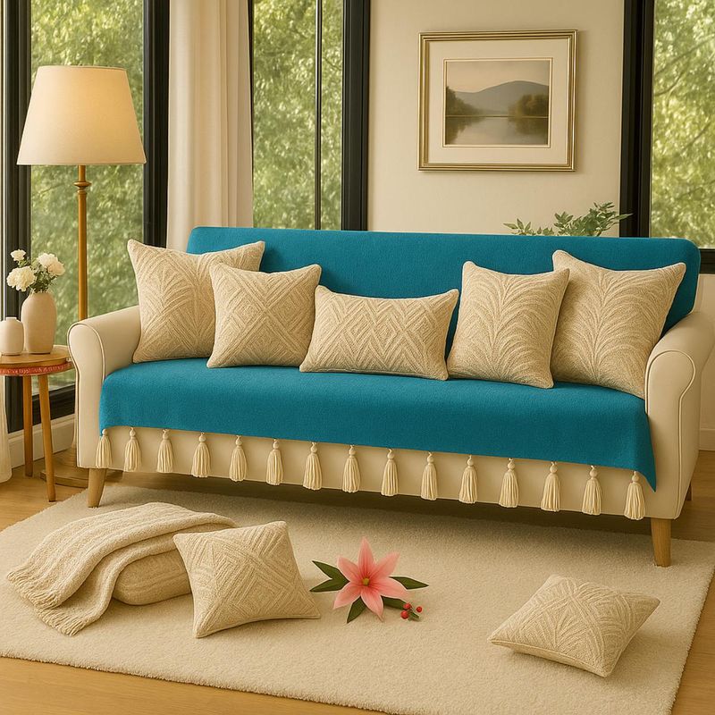THROW PILLOW Cerulean Blue Sofa Cover With White Tassels (2 Seater)