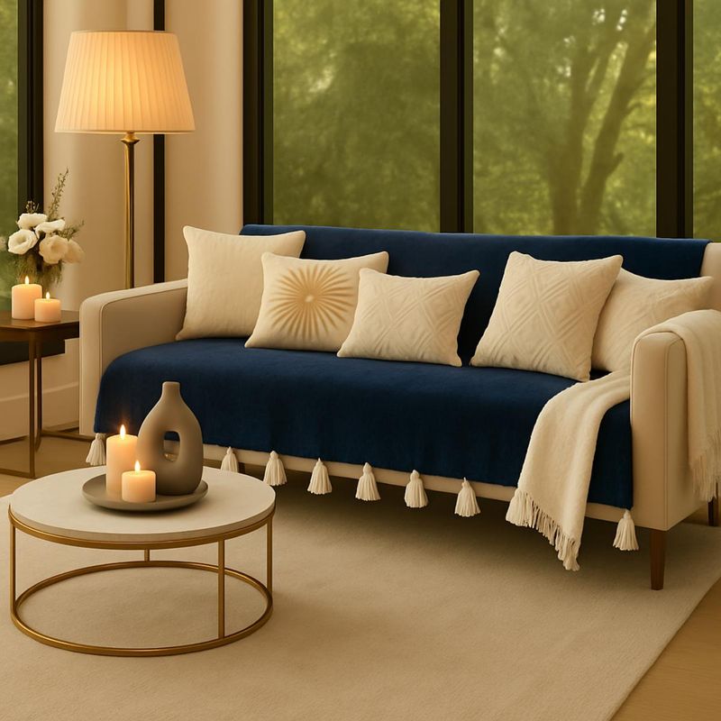 THROW PILLOW Navy Blue Sofa Cover With White Tassels (3 Seater)