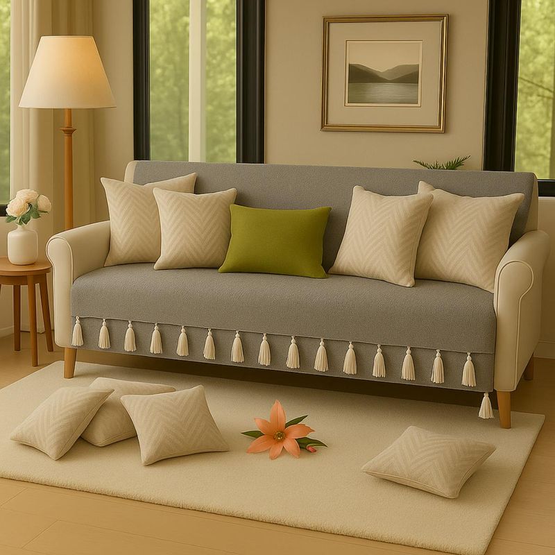 THROW PILLOW Light Grey Sofa Cover With White Tassels (2 Seater)