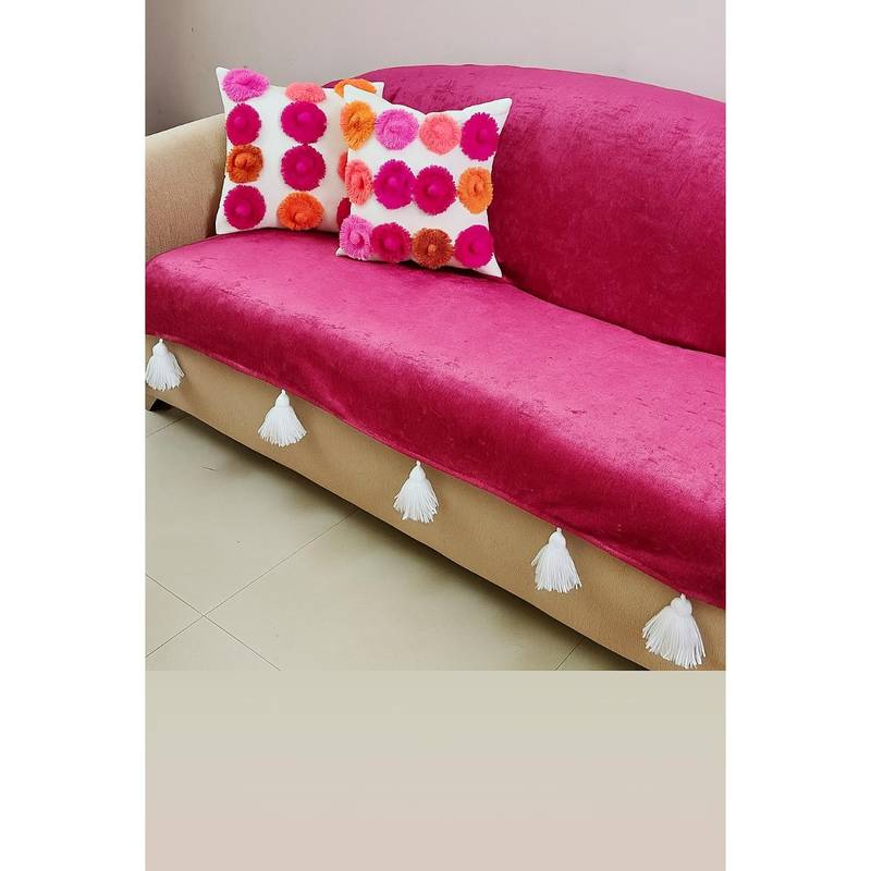 THROW PILLOW Magenta Sofa Cover With White Tassels (2 Seater)