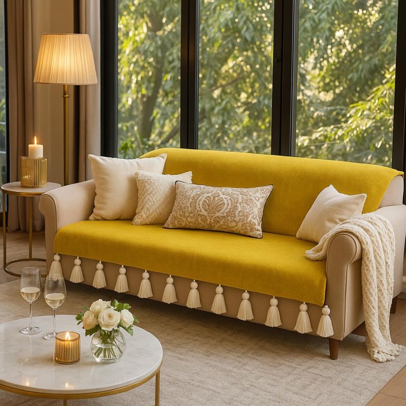 THROW PILLOW Mustard Sofa Cover With White Tassels (2 Seater)