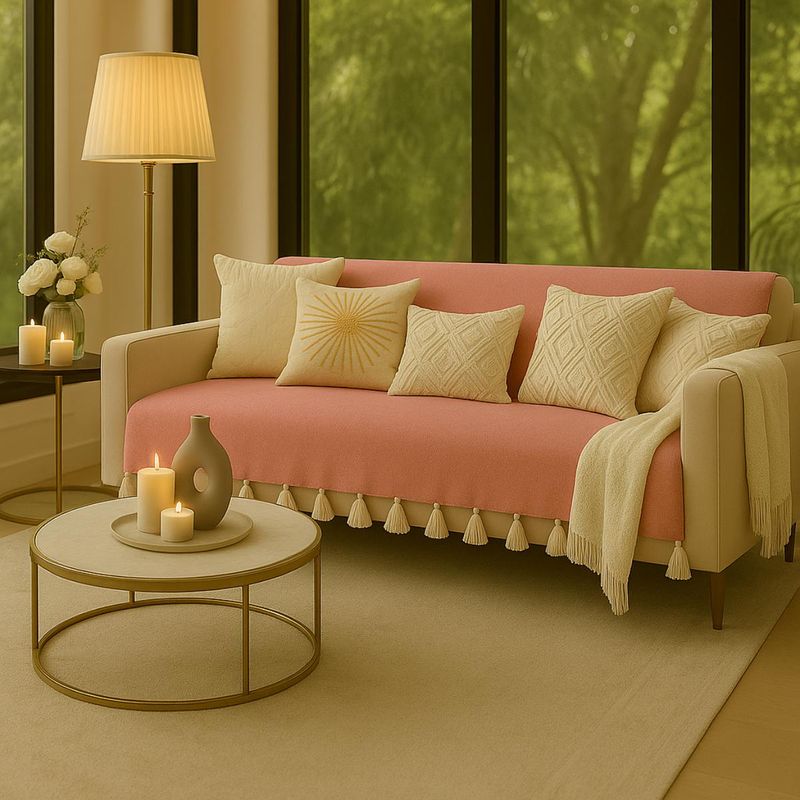THROW PILLOW Blush Pink Sofa Cover With White Tassels (2 Seater)