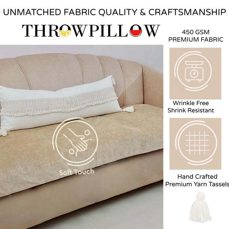 THROW PILLOW Tan Beige Sofa Cover With White Tassels (2 Seater)