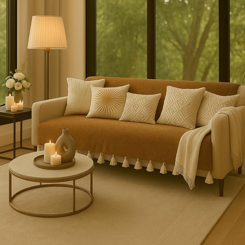 THROW PILLOW Almond Brown Sofa Cover With White Tassels (2 Seater)