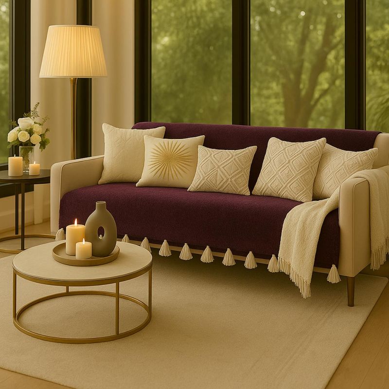 THROW PILLOW Dark Brown Sofa Cover With White Tassels (2 Seater)