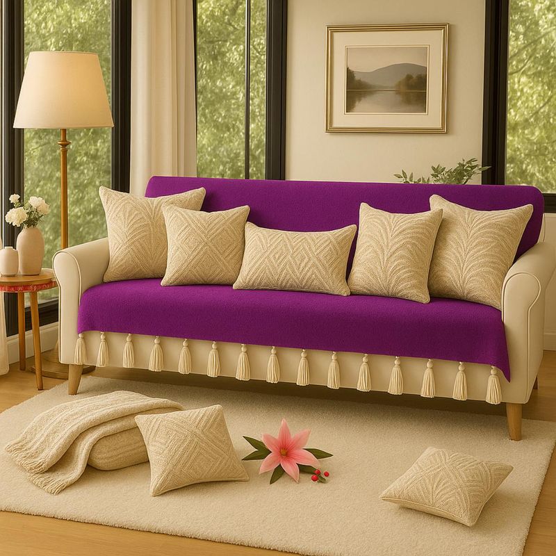 THROW PILLOW Purple Sofa Cover With White Tassels (2 Seater)