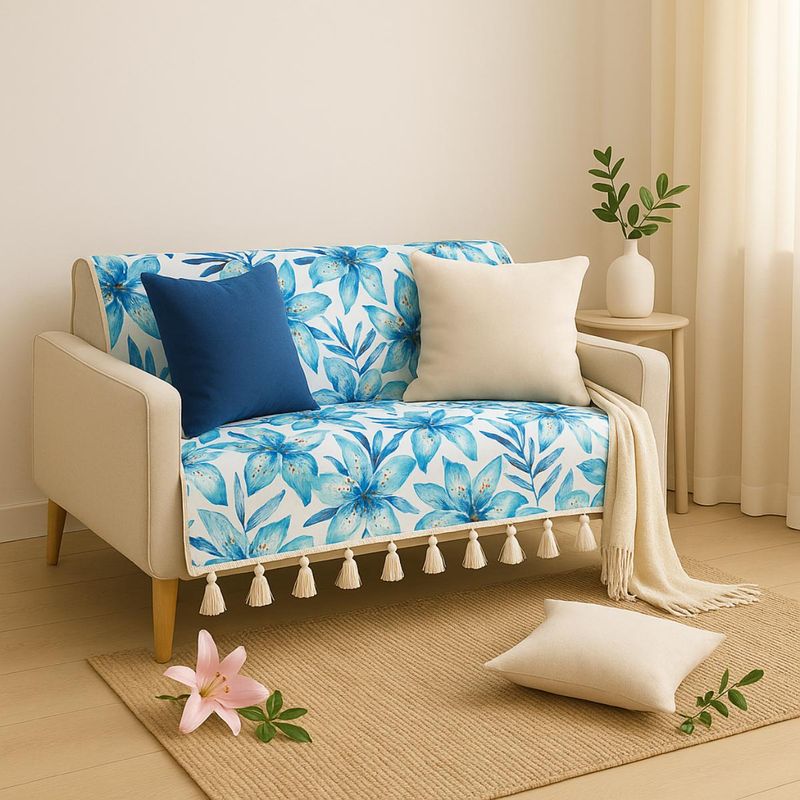 THROW PILLOW Blue Paradise Printed Sofa Cover With White Tassels (2 Seater)