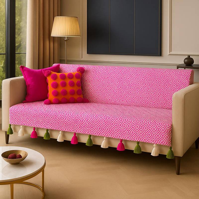 THROW PILLOW Pink Aztec Printed Sofa Cover With White Tassels (2 Seater)