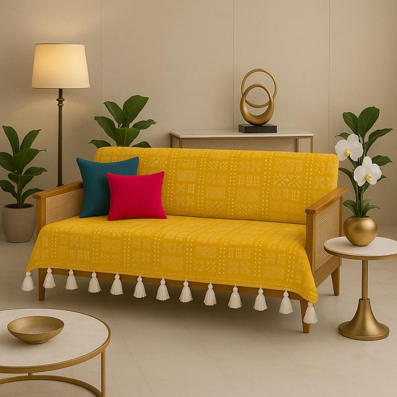 THROW PILLOW Mustard Tribal Printed Sofa Cover With White Tassels (2 Seater)