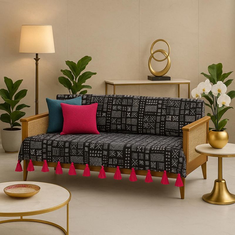 THROW PILLOW Black Tribal Printed Sofa Cover With Magenta Tassels (2 Seater)