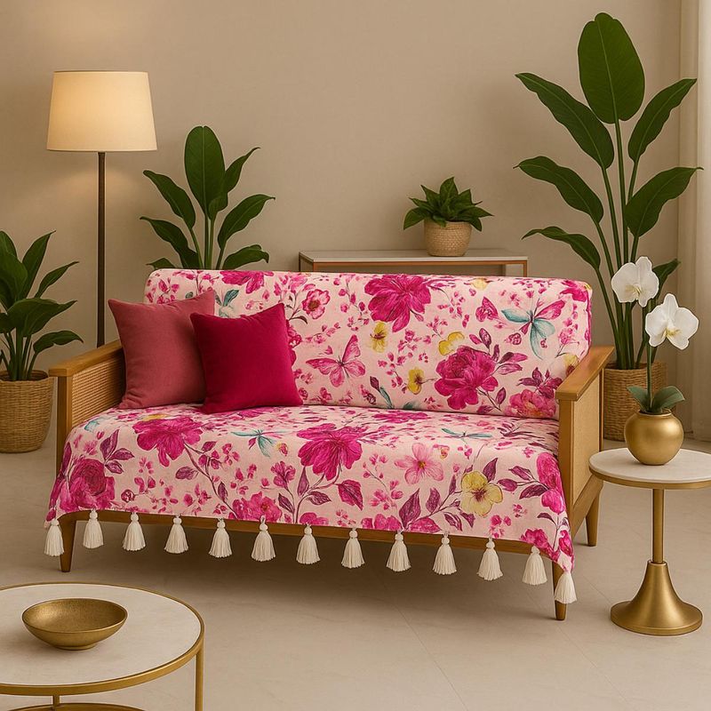 THROW PILLOW Pink Floral Printed Sofa Cover With White Tassels (2 Seater)