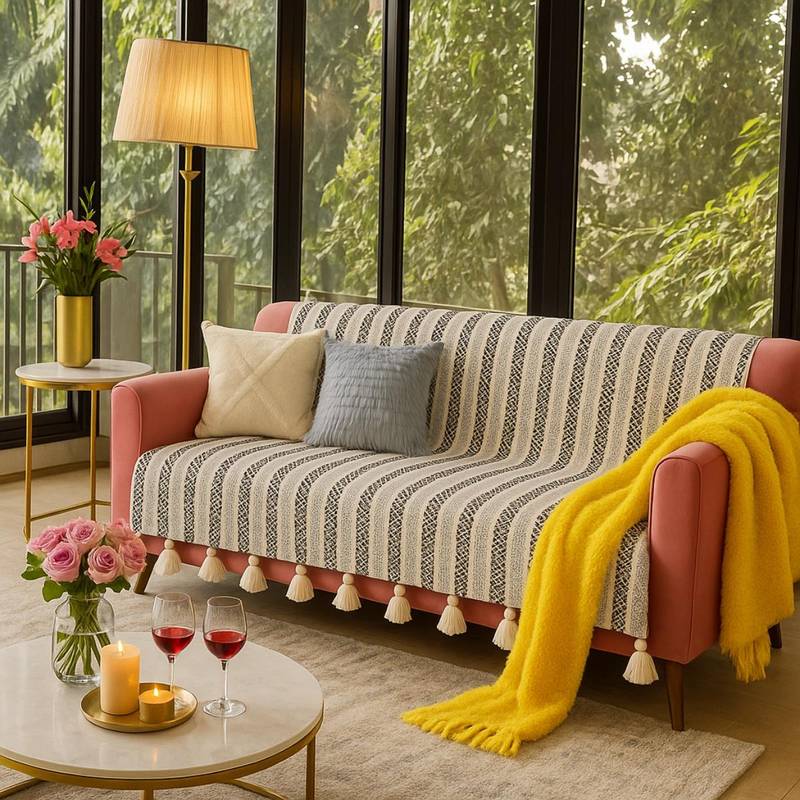 THROW PILLOW Neutral Herringbone Printed Sofa Cover With White Tassels (3 Seater)