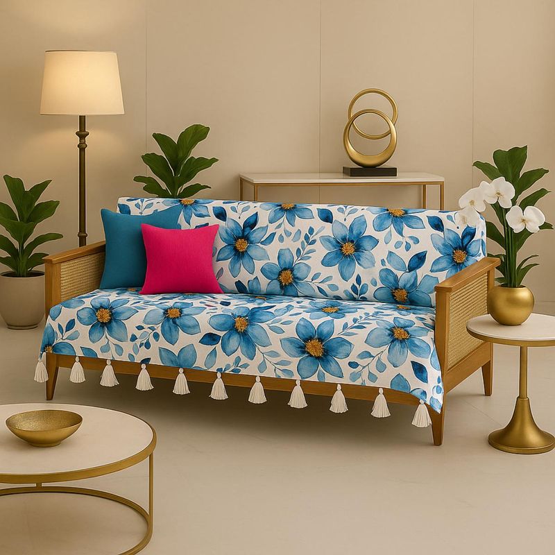 THROW PILLOW Blue Floral Printed Sofa Cover With White Tassels (2 Seater)