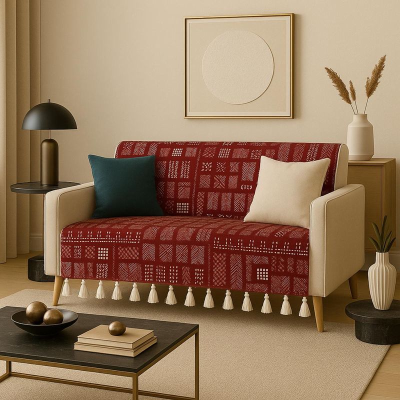 THROW PILLOW Maroon Tribal Printed Sofa Cover With White Tassels (3 Seater)