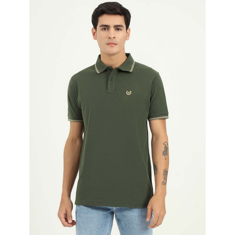 Greenfibre Olive Green Solid Slim Fit Polo T-shirt (38)